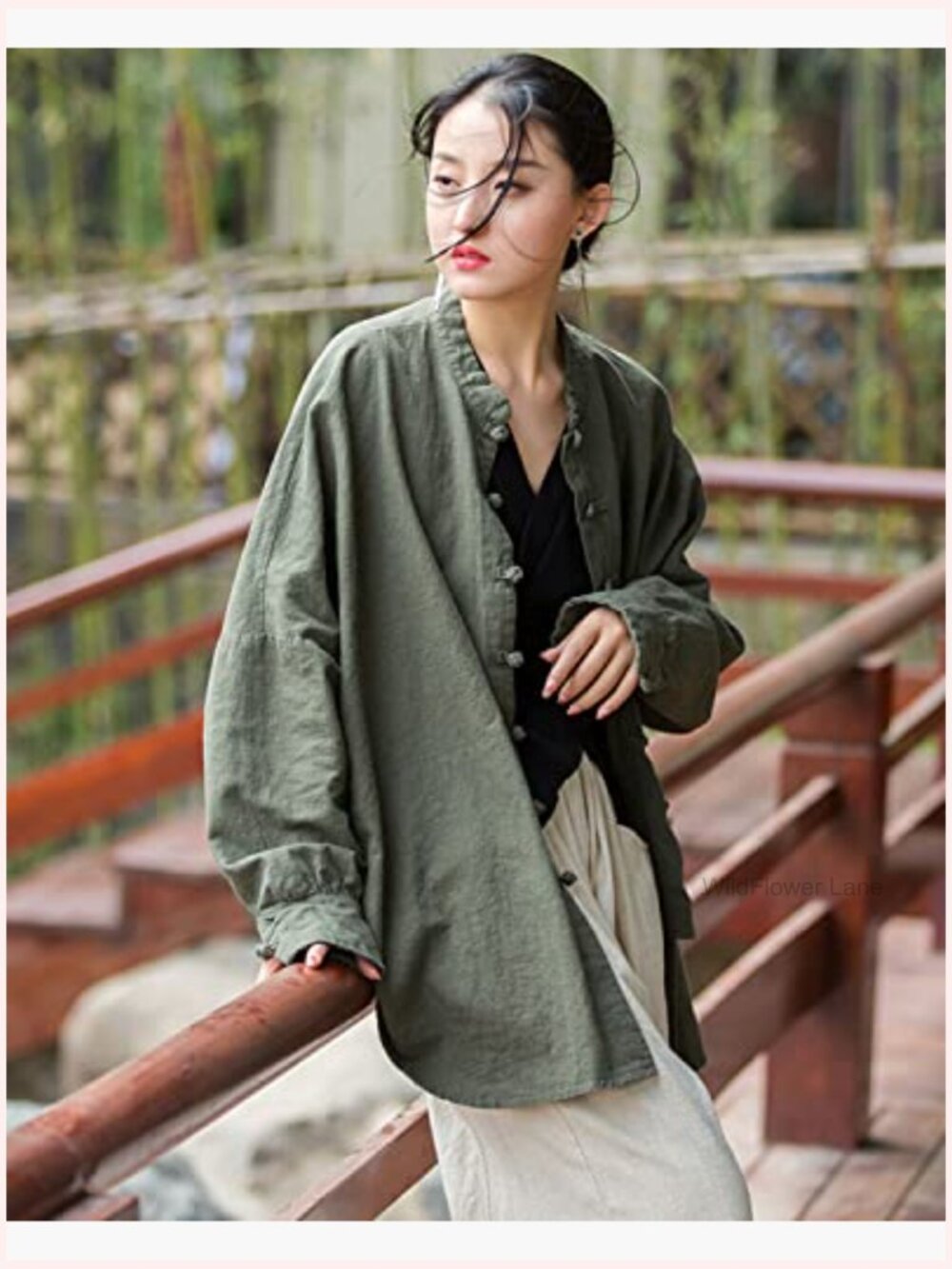 Linen Oversized Blouse Vintage Long Sleeve Chinese Frog Button Jacket Shirt Top - Picture 3 of 7
